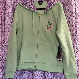 RARE tokidoki Light Green Zip-Up Hoodie with Pink Floral Hood Lining